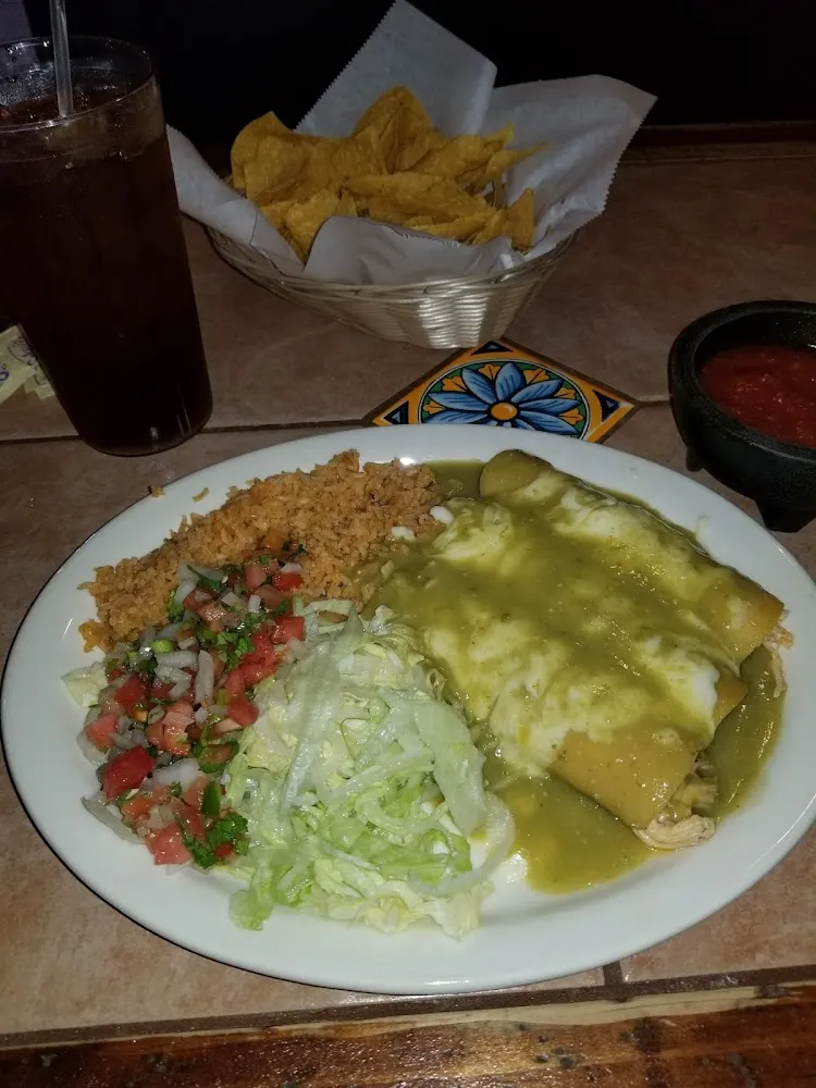 Enchiladas Supremas and Beans and Rice Top with Green Sauce